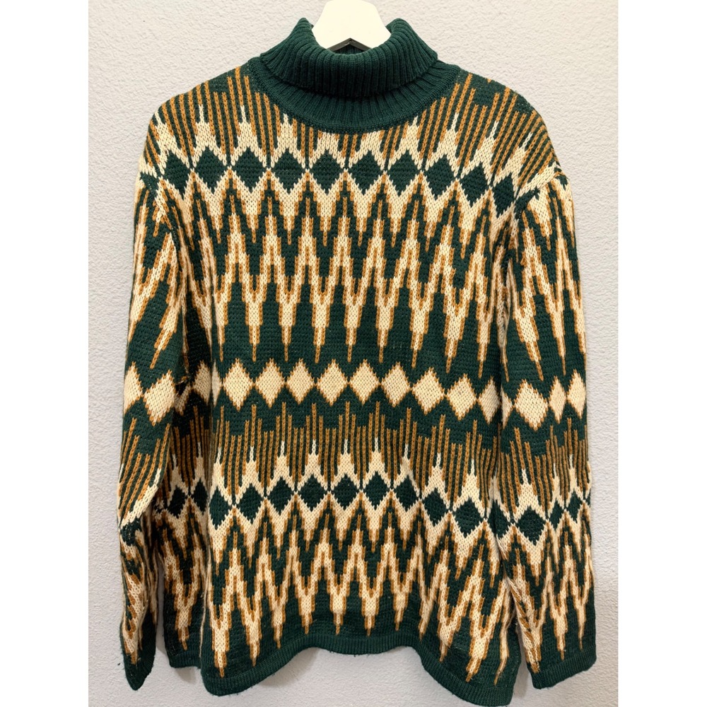 Vintage 70s Alrowa German Wool Turtleneck Sweater L Mens Geometric Diamond Cabin